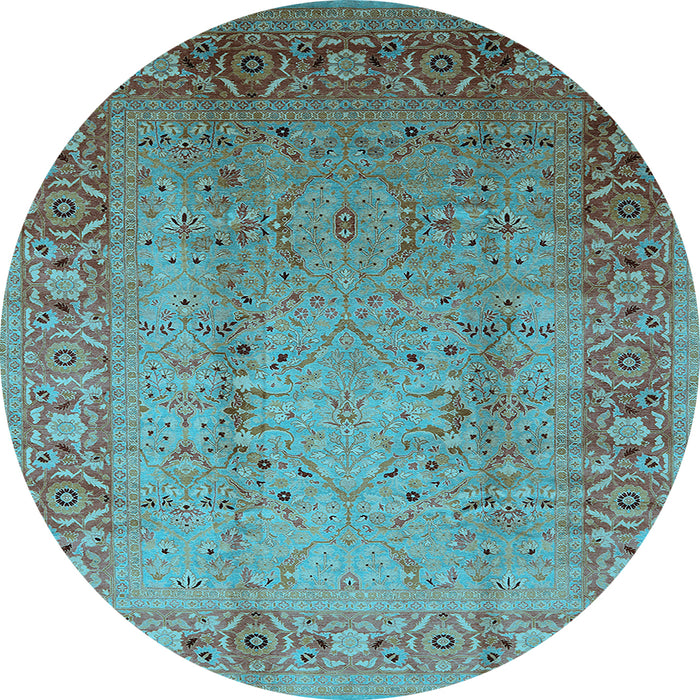 Round Machine Washable Oriental Light Blue Traditional Rug, wshurb1067lblu
