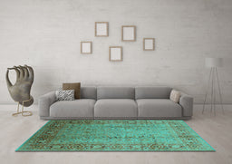 Machine Washable Oriental Turquoise Traditional Area Rugs in a Living Room,, wshurb1067turq