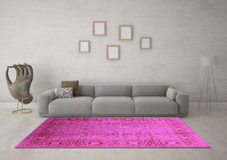 Machine Washable Oriental Pink Traditional Rug in a Living Room, wshurb1067pnk