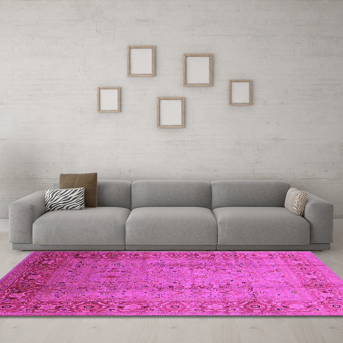 Machine Washable Oriental Pink Traditional Rug in a Living Room, wshurb1067pnk