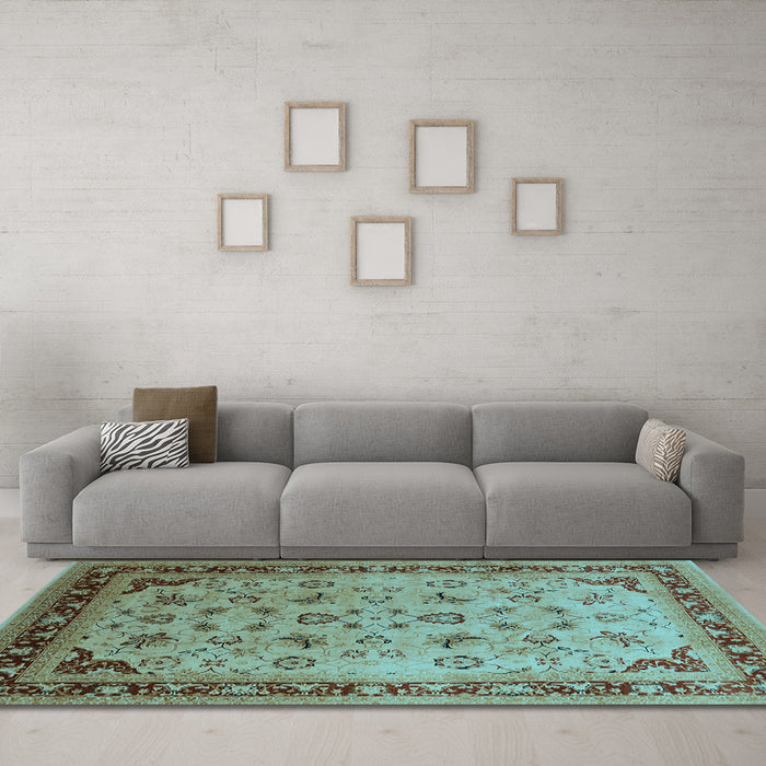 Machine Washable Oriental Light Blue Traditional Rug in a Living Room, wshurb1069lblu