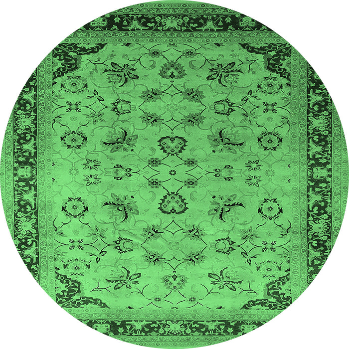 Round Machine Washable Oriental Emerald Green Traditional Area Rugs, wshurb1069emgrn