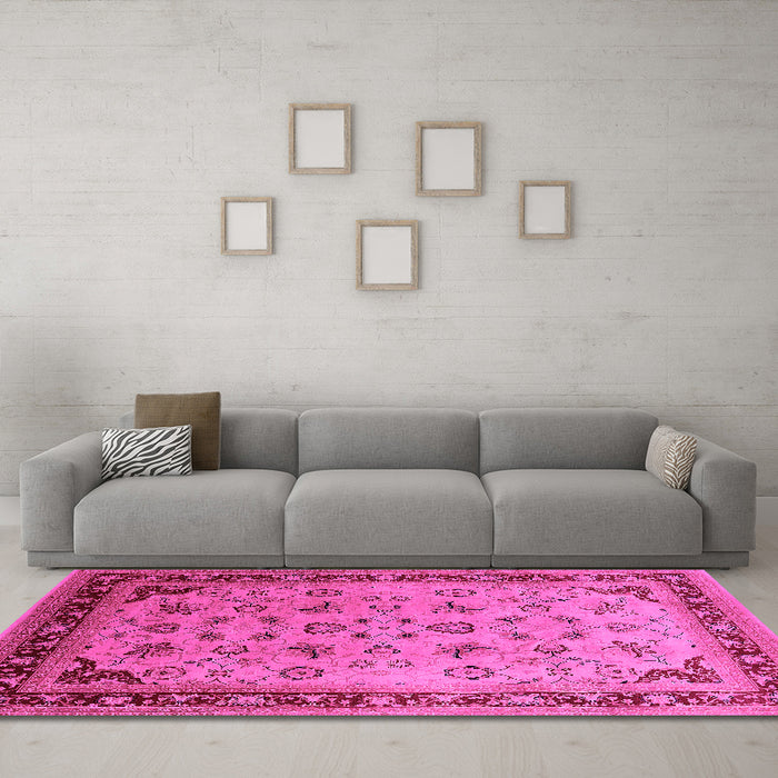 Machine Washable Oriental Pink Traditional Rug in a Living Room, wshurb1069pnk