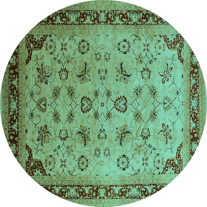 Round Machine Washable Oriental Turquoise Traditional Area Rugs, wshurb1069turq