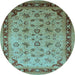 Round Machine Washable Oriental Light Blue Traditional Rug, wshurb1069lblu