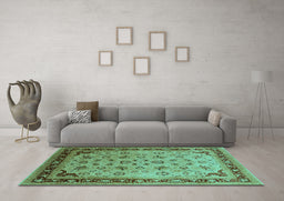 Machine Washable Oriental Turquoise Traditional Area Rugs in a Living Room,, wshurb1069turq