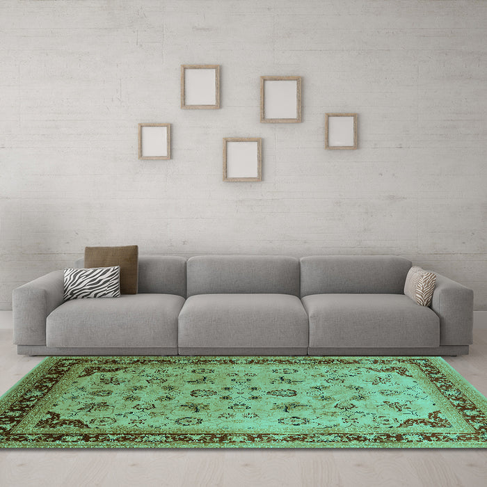 Machine Washable Oriental Turquoise Traditional Area Rugs in a Living Room,, wshurb1069turq