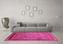 Machine Washable Oriental Pink Industrial Rug in a Living Room, wshurb1070pnk