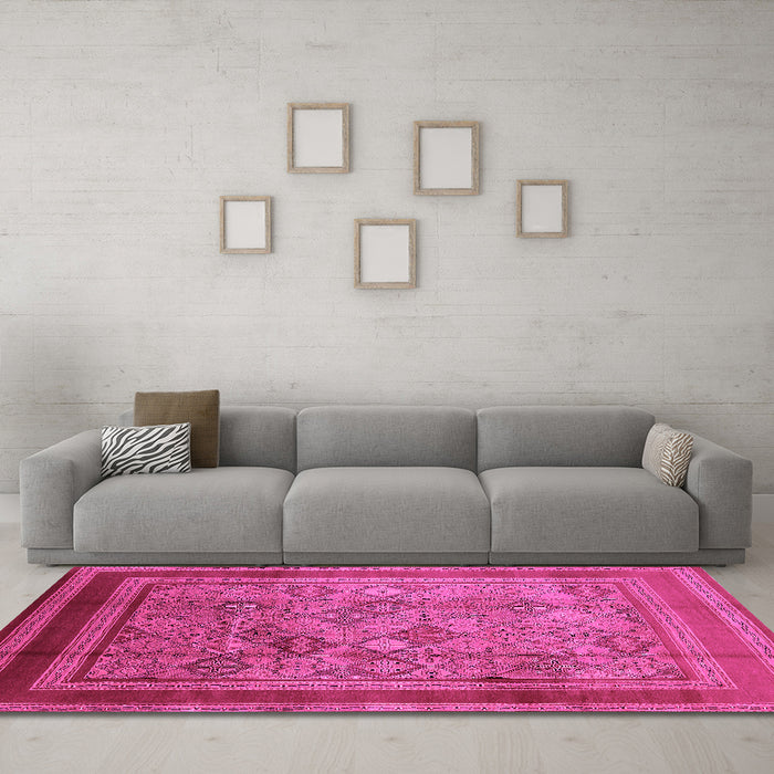 Machine Washable Oriental Pink Industrial Rug in a Living Room, wshurb1070pnk