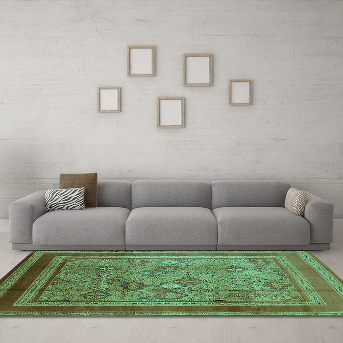 Machine Washable Oriental Turquoise Industrial Area Rugs in a Living Room,, wshurb1070turq