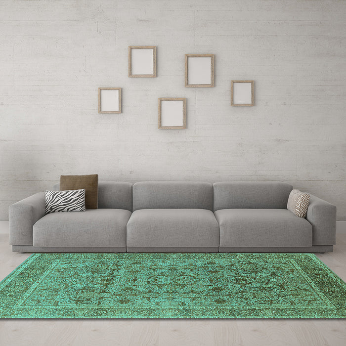 Machine Washable Oriental Turquoise Traditional Area Rugs in a Living Room,, wshurb1071turq