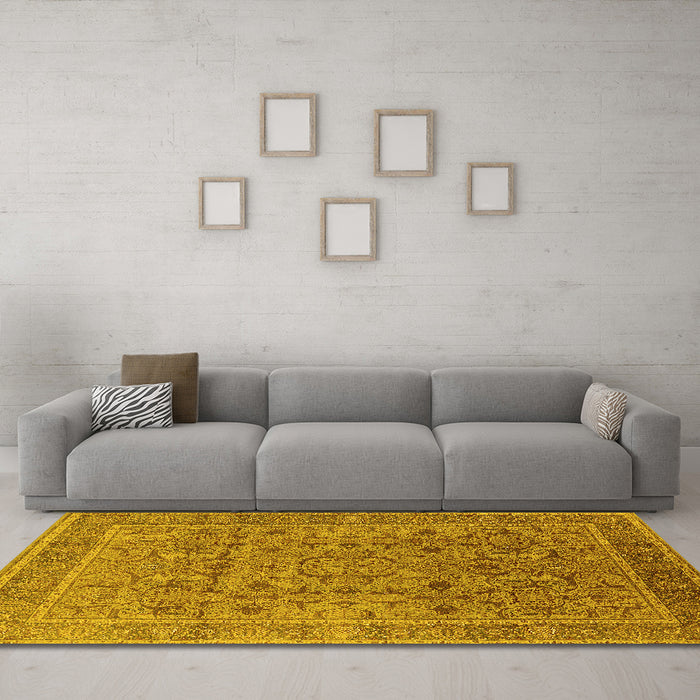 Machine Washable Oriental Yellow Traditional Rug in a Living Room, wshurb1071yw