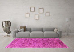 Machine Washable Oriental Pink Traditional Rug in a Living Room, wshurb1071pnk