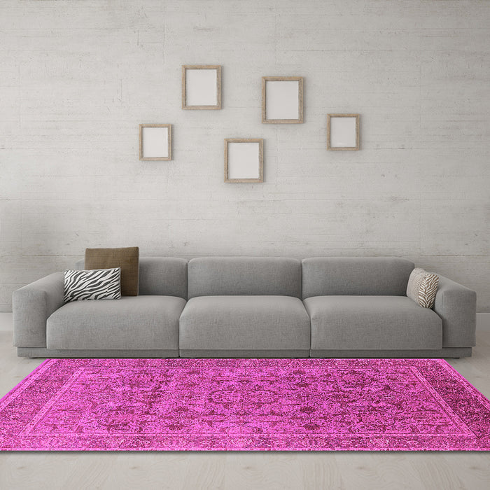 Machine Washable Oriental Pink Traditional Rug in a Living Room, wshurb1071pnk