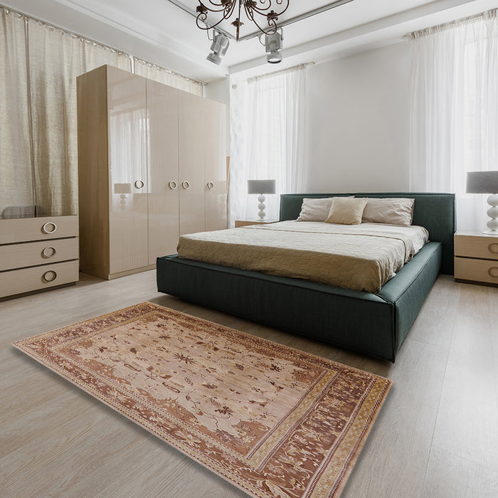Mid-Century Modern Light Copper Gold Oriental Rug in a Bedroom, urb1072