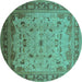 Round Machine Washable Oriental Turquoise Traditional Area Rugs, wshurb1072turq