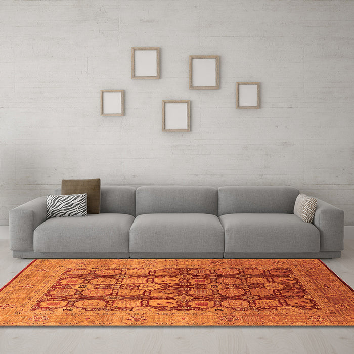 Machine Washable Oriental Orange Traditional Area Rugs in a Living Room, wshurb1073org