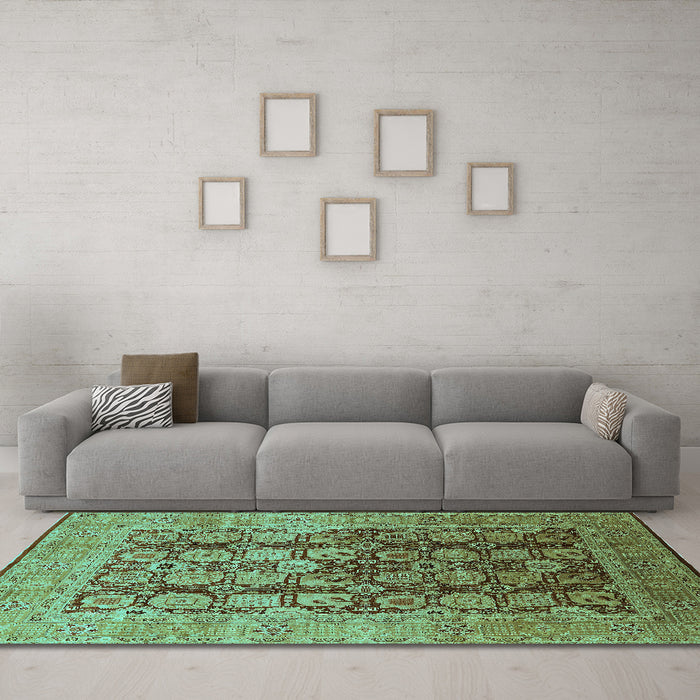 Machine Washable Oriental Turquoise Traditional Area Rugs in a Living Room,, wshurb1073turq