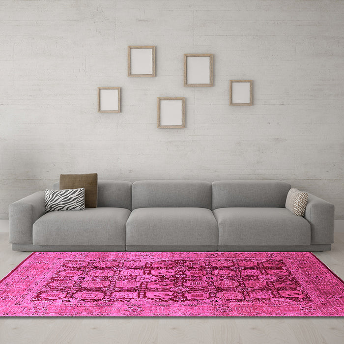 Machine Washable Oriental Pink Traditional Rug in a Living Room, wshurb1073pnk