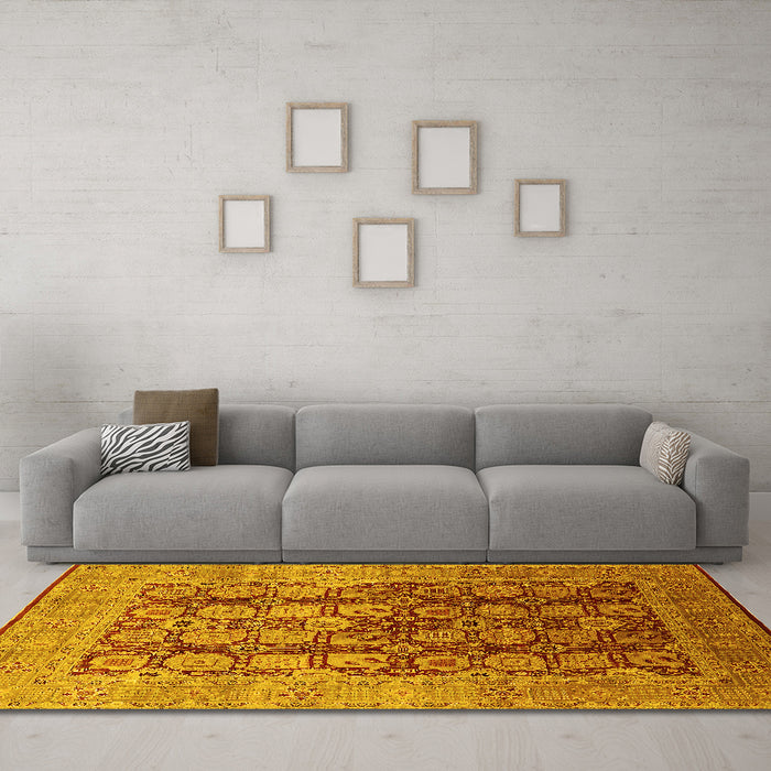 Machine Washable Oriental Yellow Traditional Rug in a Living Room, wshurb1073yw