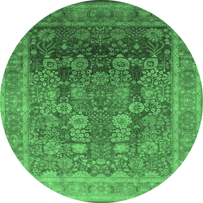Round Machine Washable Oriental Emerald Green Traditional Area Rugs, wshurb1074emgrn