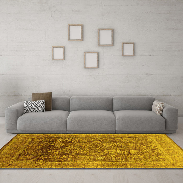Machine Washable Oriental Yellow Traditional Rug in a Living Room, wshurb1074yw
