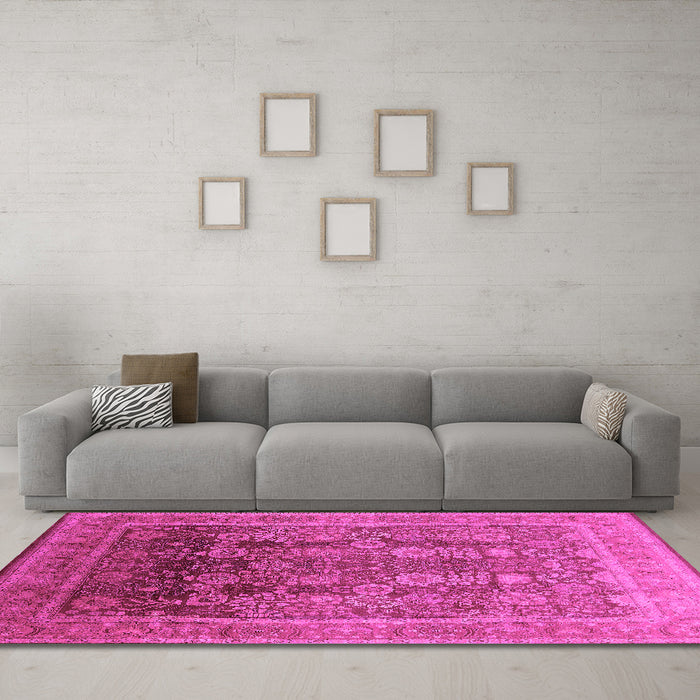 Machine Washable Oriental Pink Traditional Rug in a Living Room, wshurb1074pnk