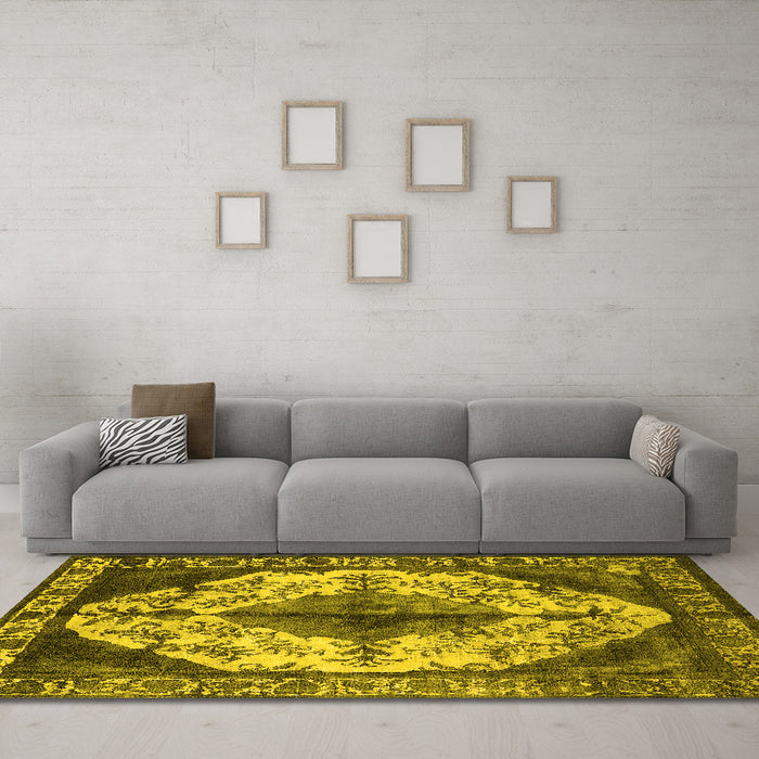 Machine Washable Oriental Yellow Industrial Rug in a Living Room, wshurb1075yw