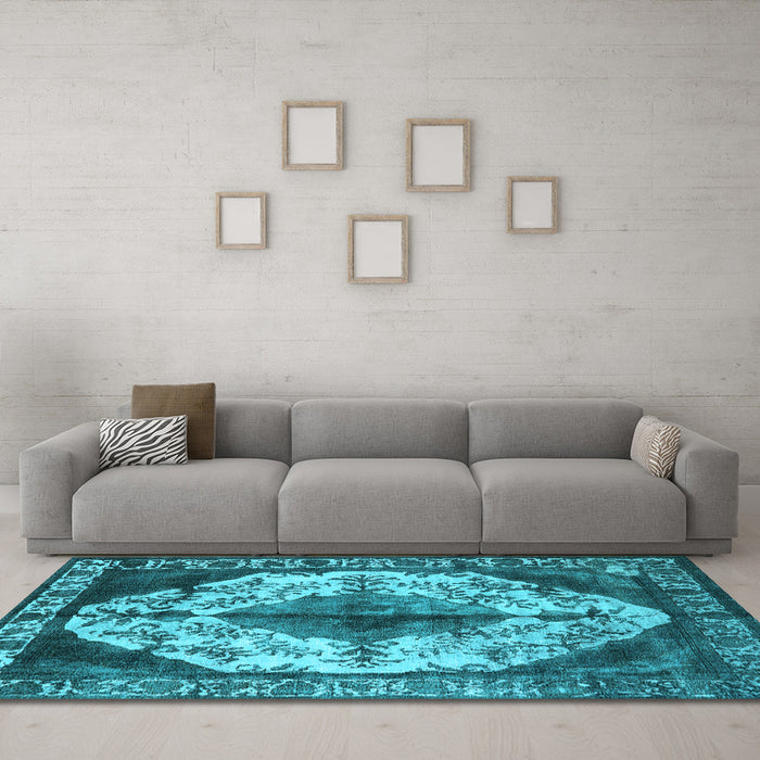 Machine Washable Oriental Light Blue Industrial Rug in a Living Room, wshurb1075lblu