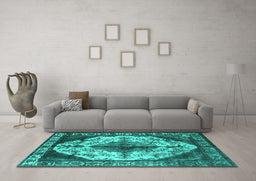 Machine Washable Oriental Turquoise Industrial Area Rugs in a Living Room,, wshurb1075turq