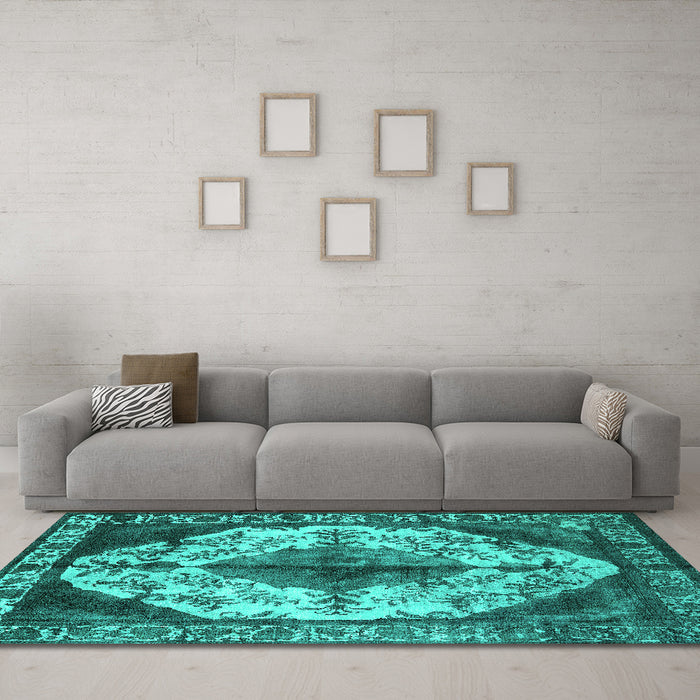 Machine Washable Oriental Turquoise Industrial Area Rugs in a Living Room,, wshurb1075turq