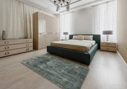 Mid-Century Modern Blue Moss Green Oriental Rug in a Bedroom, urb1076