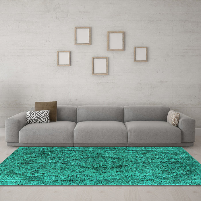 Machine Washable Oriental Turquoise Industrial Area Rugs in a Living Room,, wshurb1081turq