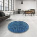 Round Machine Washable Industrial Modern Blue Ivy Blue Rug in a Office, wshurb1083