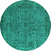 Round Machine Washable Oriental Turquoise Industrial Area Rugs, wshurb1091turq