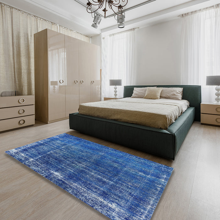 Mid-Century Modern Iceberg Blue Oriental Rug in a Bedroom, urb1094