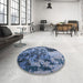 Round Mid-Century Modern Columbia Blue Oriental Rug in a Office, urb1099