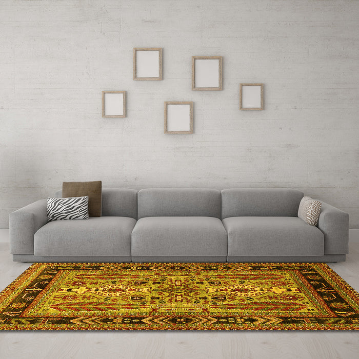 Machine Washable Oriental Yellow Industrial Rug in a Living Room, wshurb1105yw