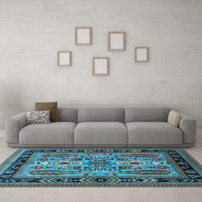 Machine Washable Oriental Light Blue Industrial Rug in a Living Room, wshurb1105lblu