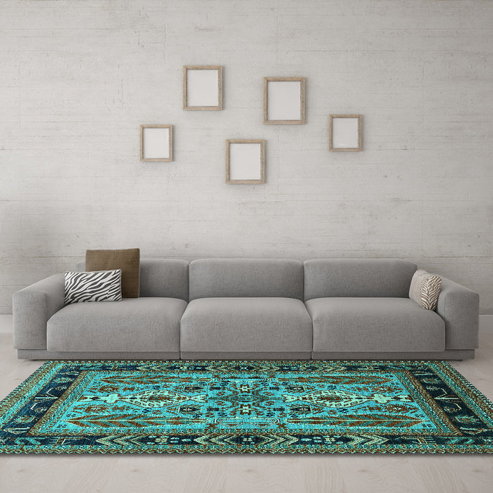 Machine Washable Oriental Turquoise Industrial Area Rugs in a Living Room,, wshurb1105turq