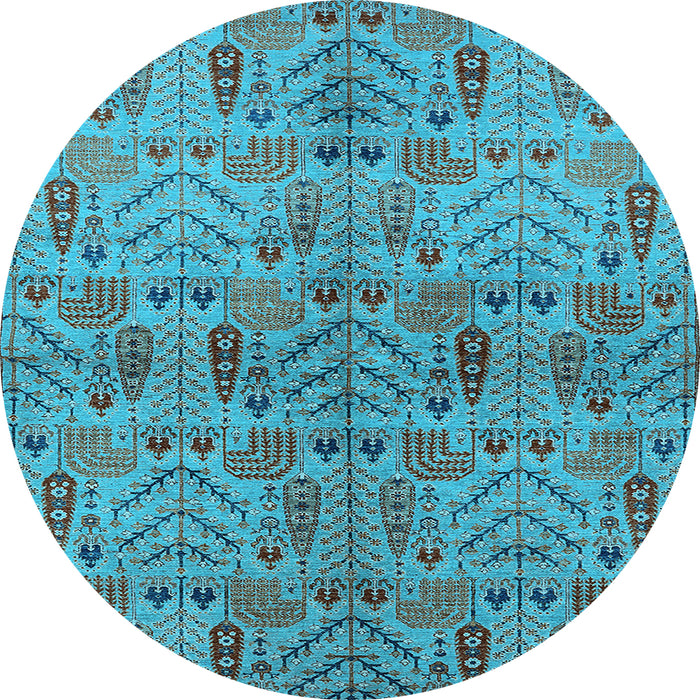 Round Machine Washable Oriental Light Blue Industrial Rug, wshurb1106lblu