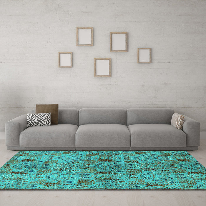 Machine Washable Oriental Turquoise Industrial Area Rugs in a Living Room,, wshurb1106turq