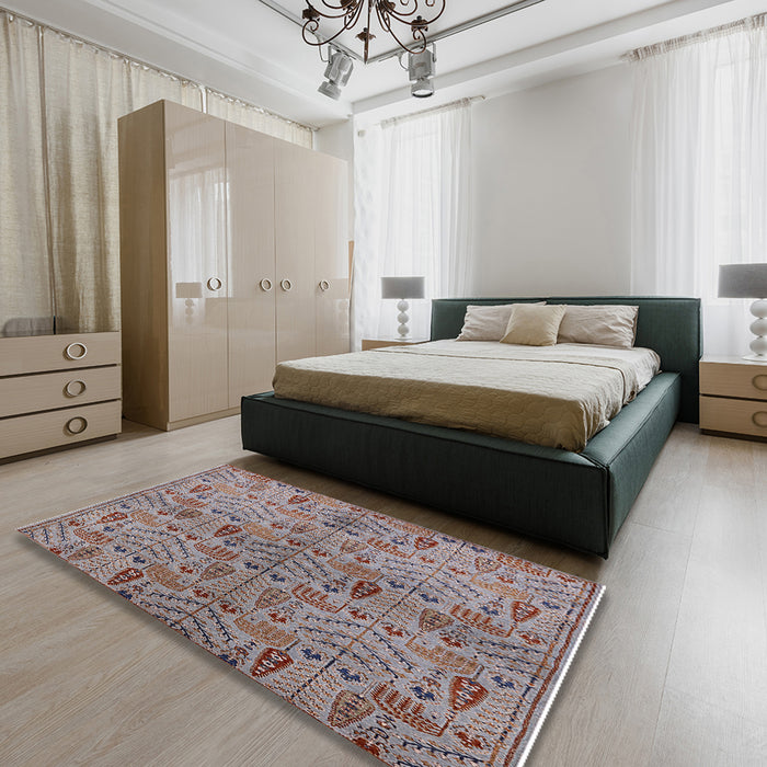 Mid-Century Modern Chestnut Brown Oriental Rug in a Bedroom, urb1106