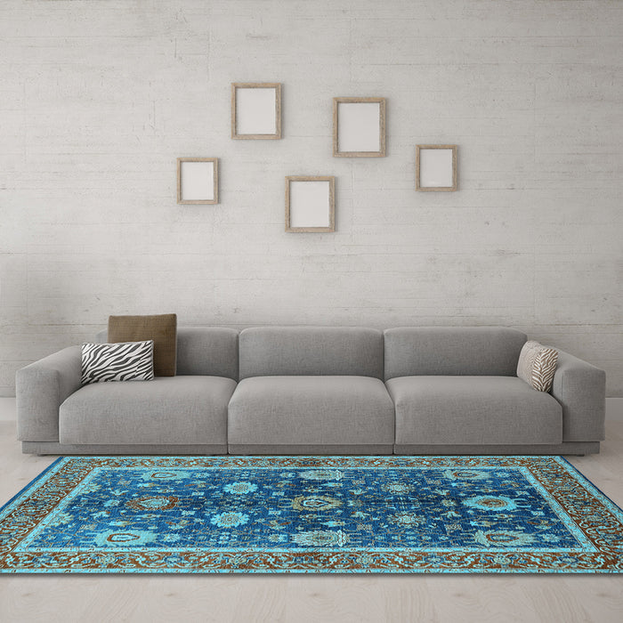 Machine Washable Oriental Light Blue Industrial Rug in a Living Room, wshurb1107lblu