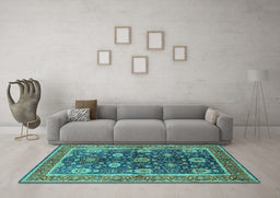Machine Washable Oriental Turquoise Industrial Area Rugs in a Living Room,, wshurb1107turq