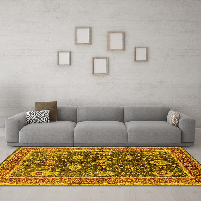 Machine Washable Oriental Yellow Industrial Rug in a Living Room, wshurb1107yw