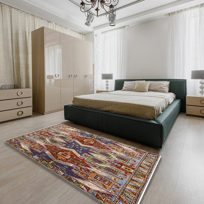 Machine Washable Industrial Modern Light French Beige Brown Rug in a Bedroom, wshurb1108