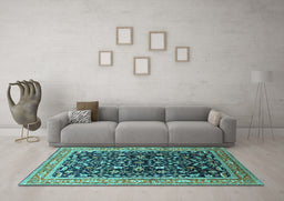 Machine Washable Oriental Turquoise Industrial Area Rugs in a Living Room,, wshurb1110turq
