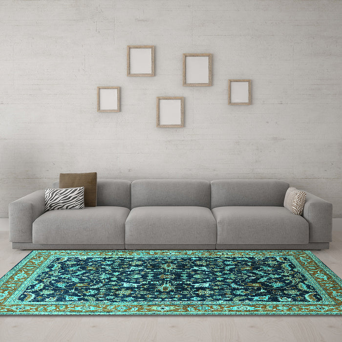 Machine Washable Oriental Turquoise Industrial Area Rugs in a Living Room,, wshurb1110turq