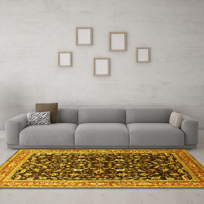 Machine Washable Oriental Yellow Industrial Rug in a Living Room, wshurb1110yw